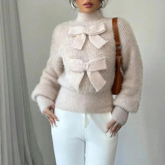 Apricot Casual Women's Stand Collar Bow Decor Sweater - Picture 5 of 7